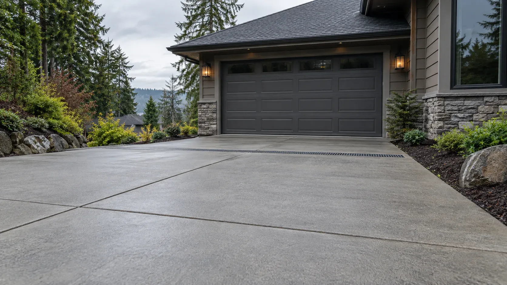 Concept image showing a concrete driveway and drainage channel at a garage threshold