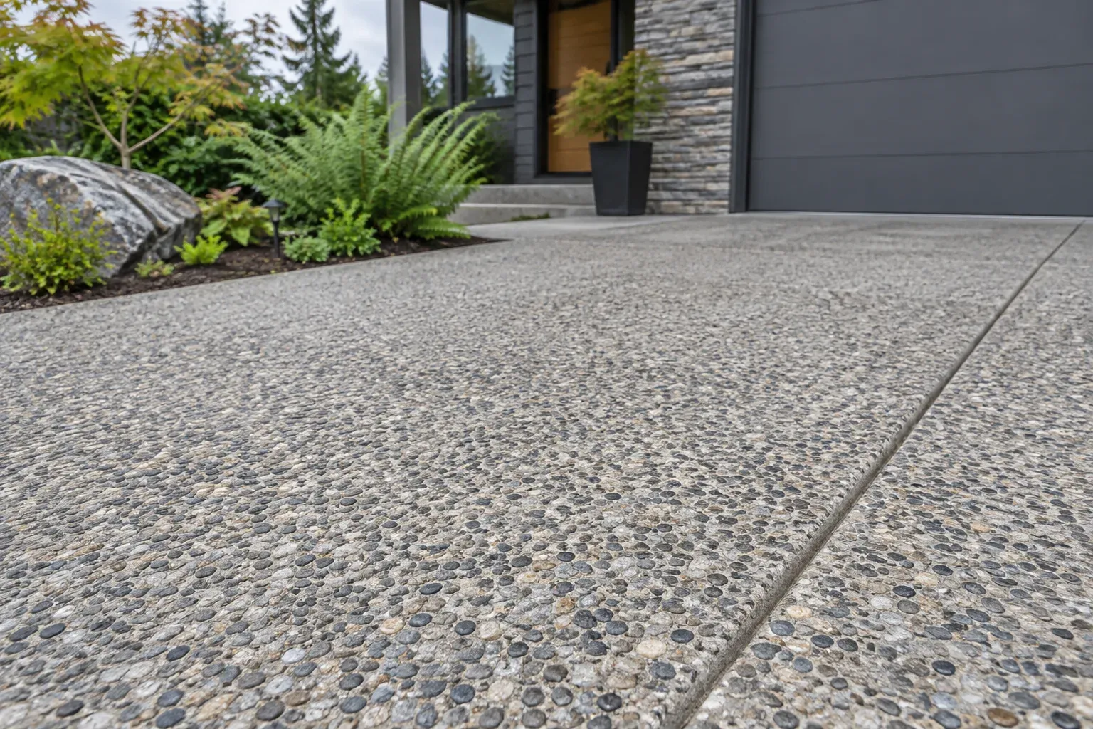 Concept photo showing visible stone in an exposed aggregate concrete driveway