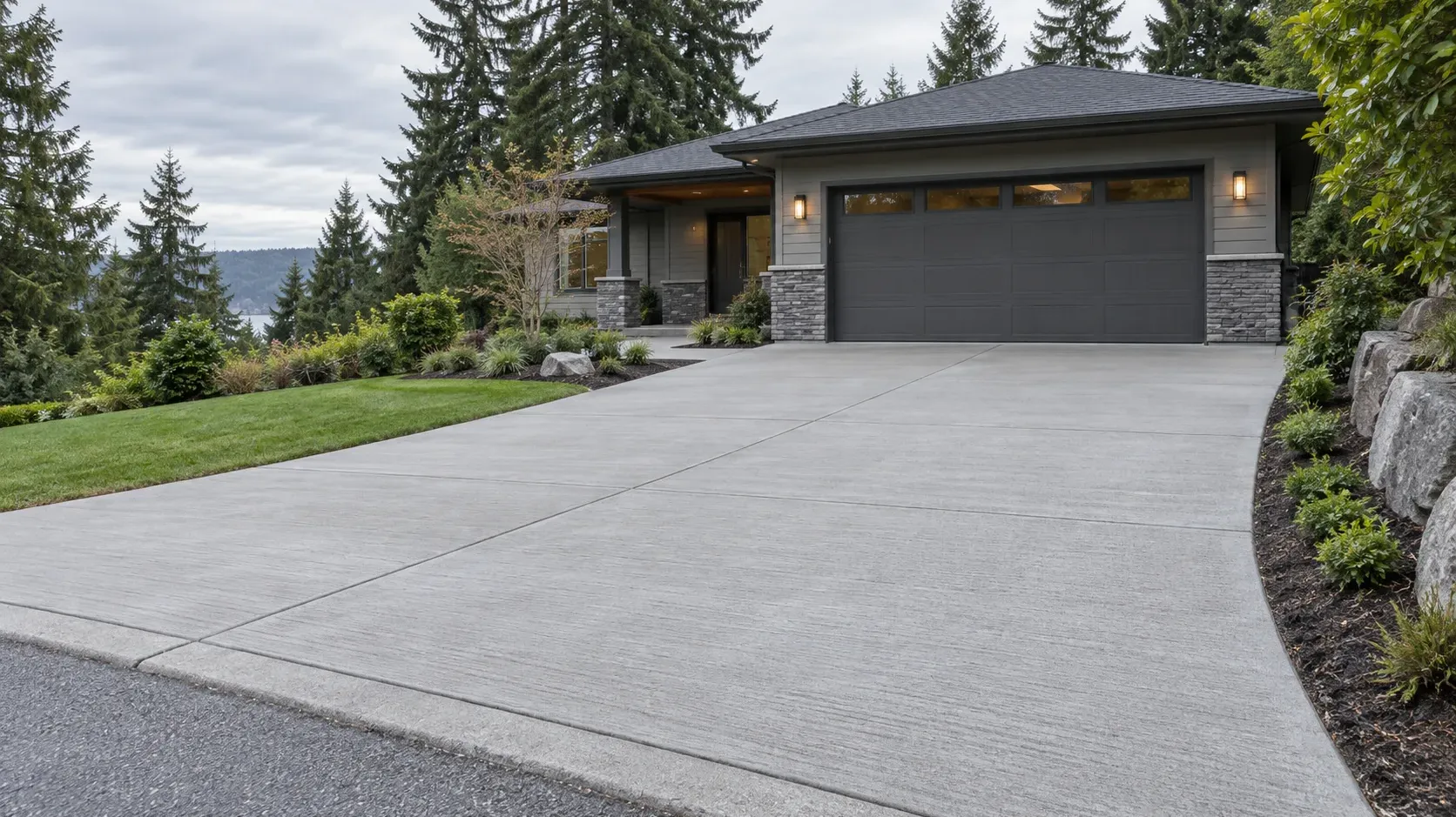 Illustration of a finished concrete driveway at a Pacific Northwest home