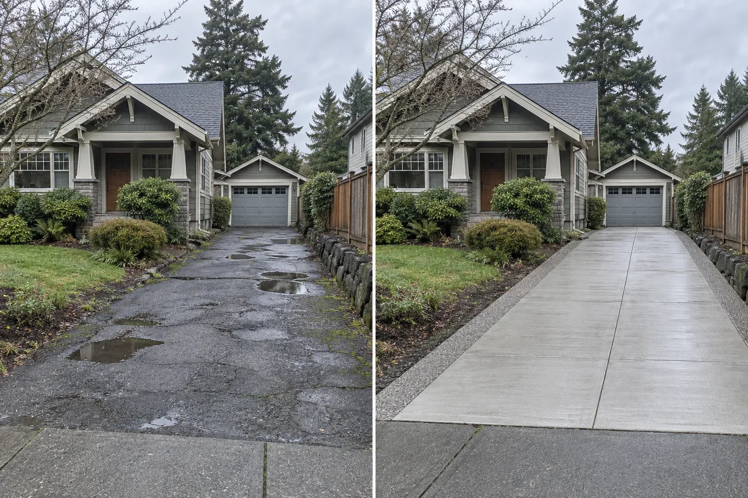 Illustrative before-and-after view of a worn asphalt approach rebuilt in concrete