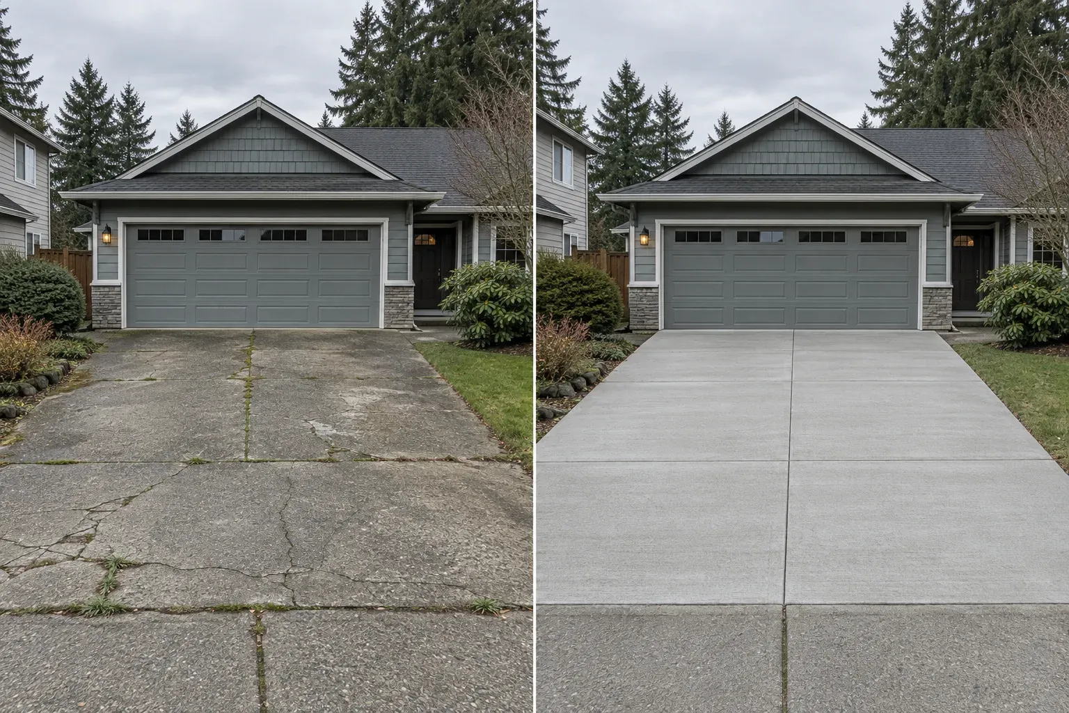 Illustrative before-and-after view of cracked residential concrete replaced with a new driveway