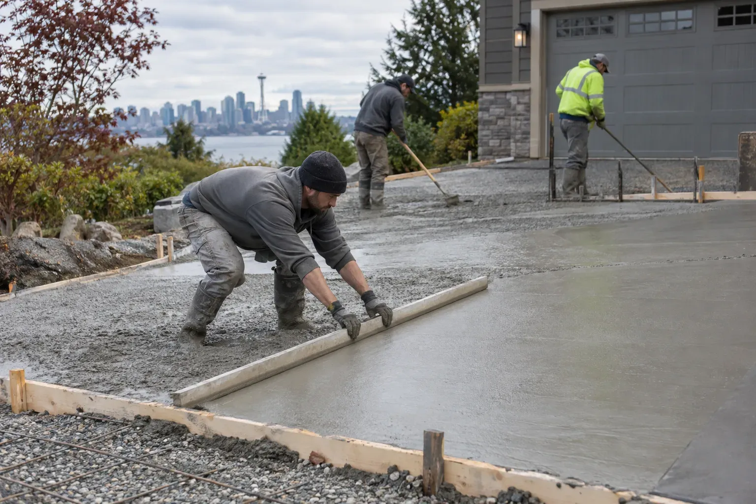 Illustration of workers screeding a residential concrete driveway during installation