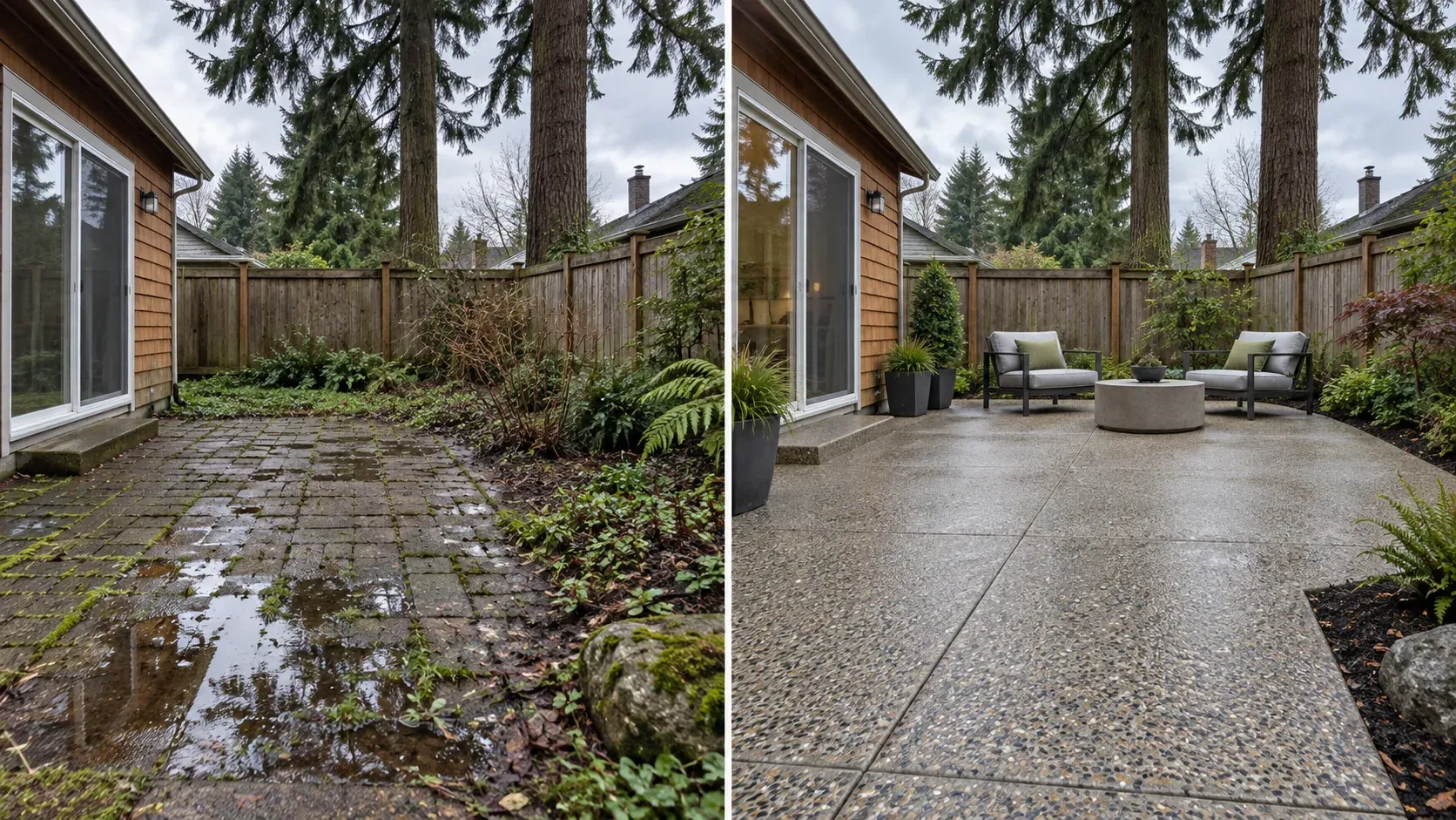 Illustrative before-and-after view of a wet paver area rebuilt as an exposed aggregate concrete patio