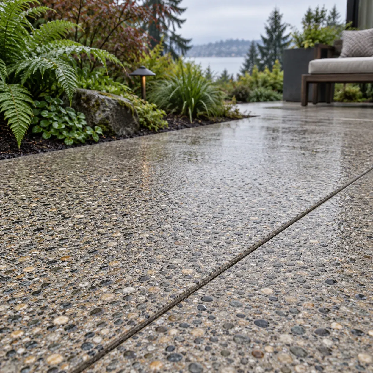 Concept photo of exposed aggregate concrete texture on a Seattle backyard patio