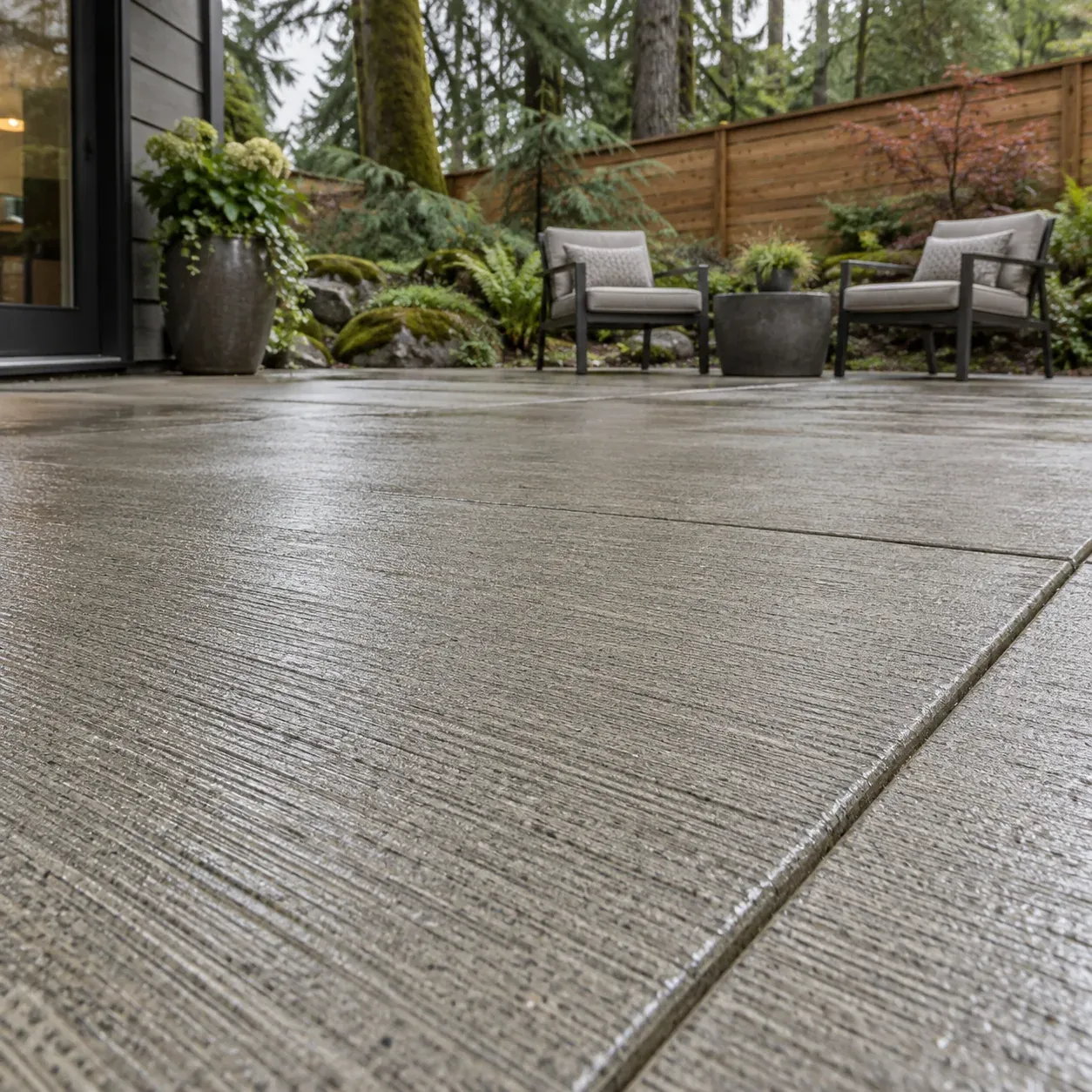 Concept photo of fine broom texture on a backyard concrete patio