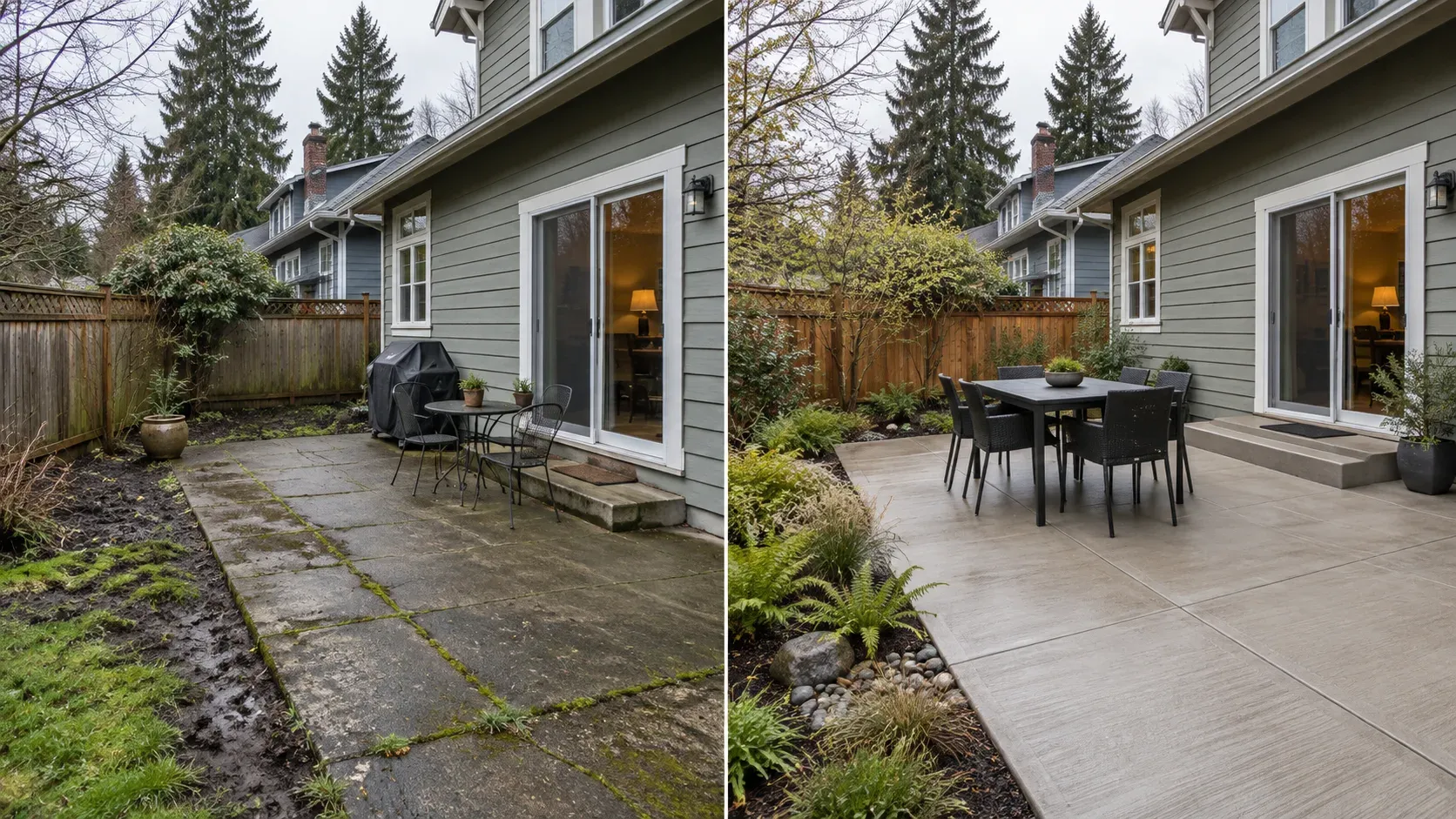 Illustrative before-and-after view of a narrow worn patio expanded into a backyard dining area