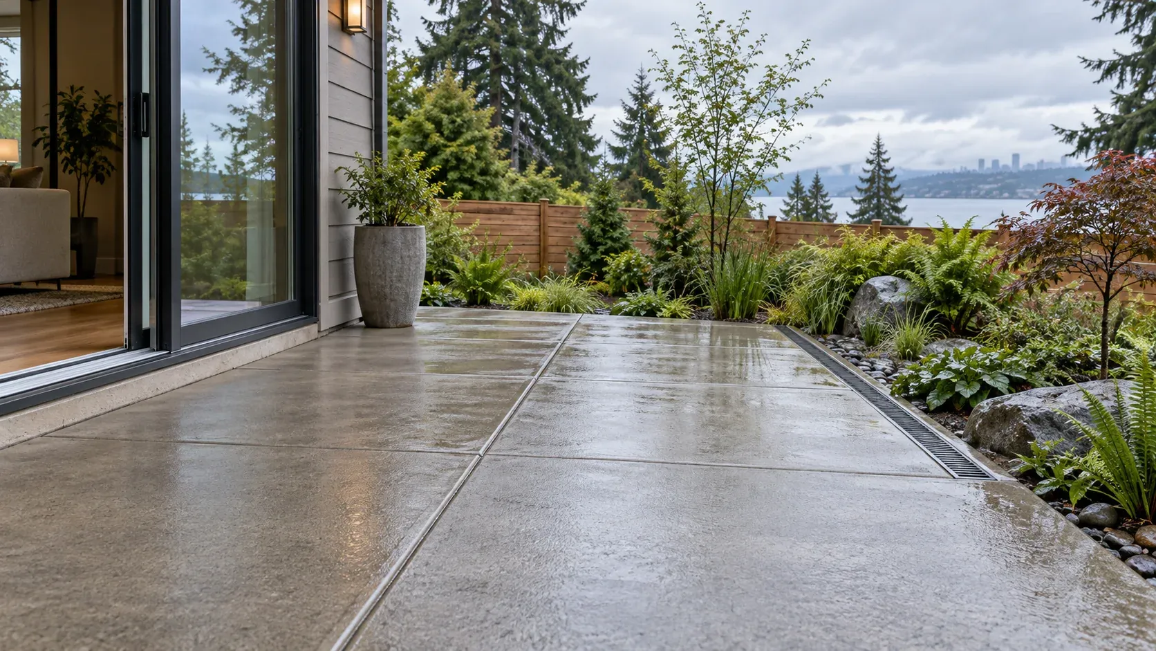 Concept illustration of a concrete patio with a planted drainage edge