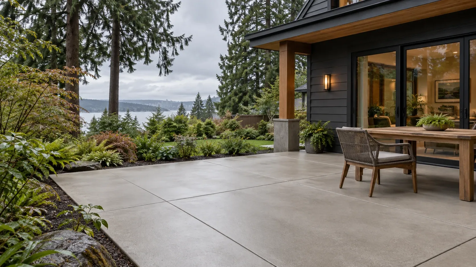 Illustration of a finished poured concrete patio beside a Seattle-area home