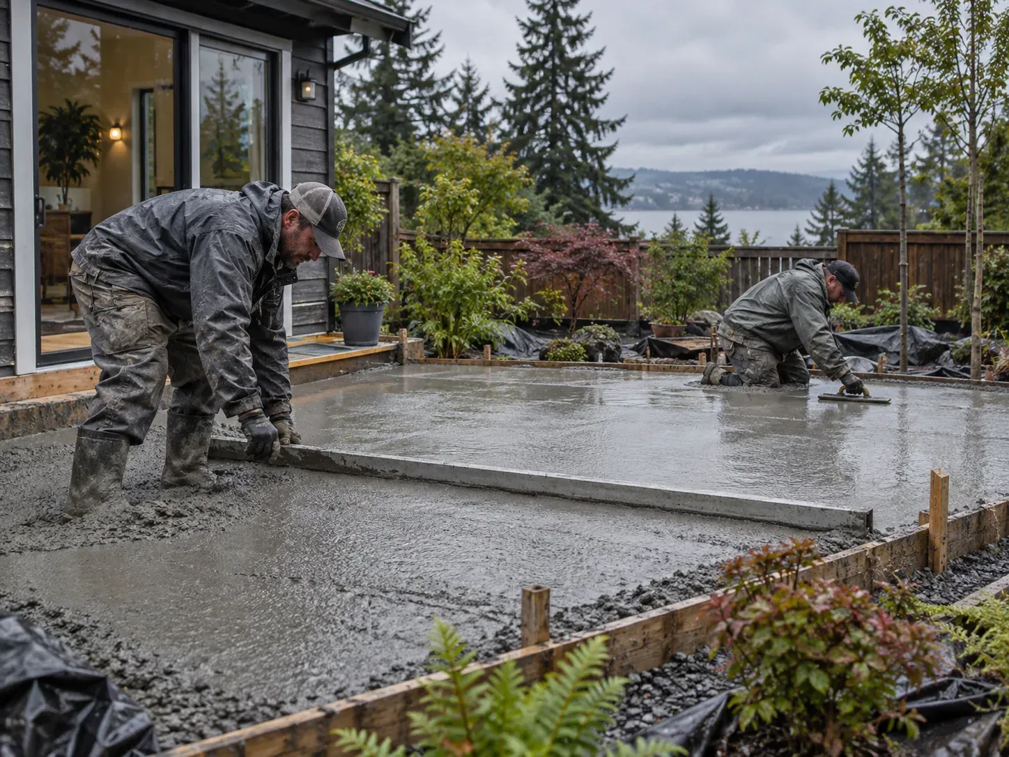 Illustration of workers screeding fresh concrete for a backyard patio