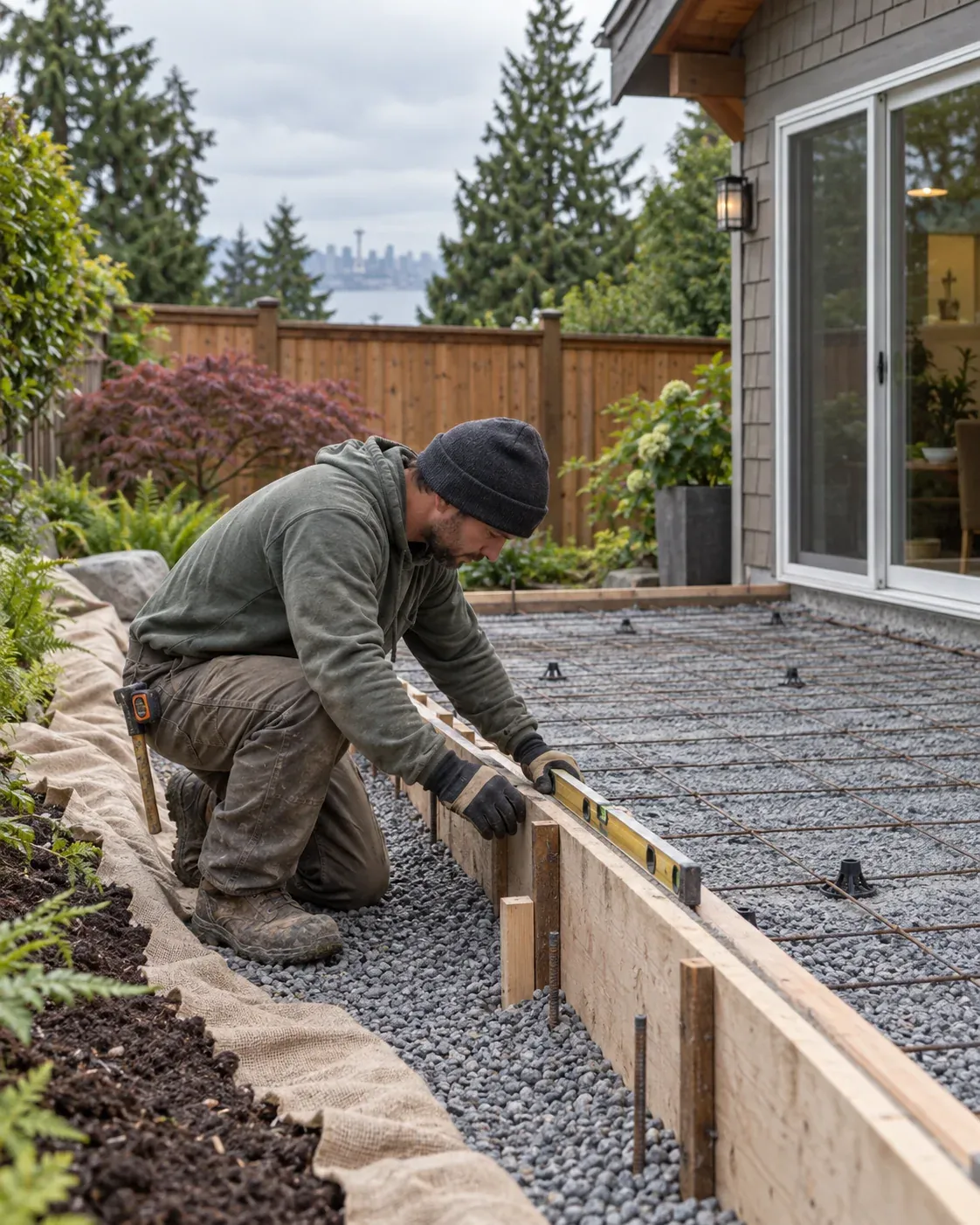 Concept photo of a concrete worker checking patio forms beside a backyard garden