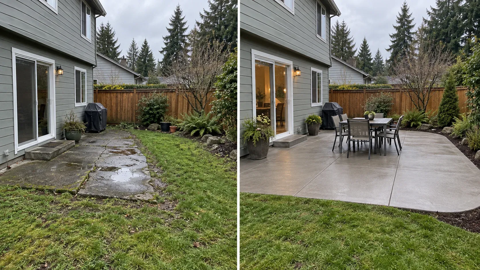 Illustrative before-and-after view of a cracked backyard patio replaced with a larger concrete gathering space