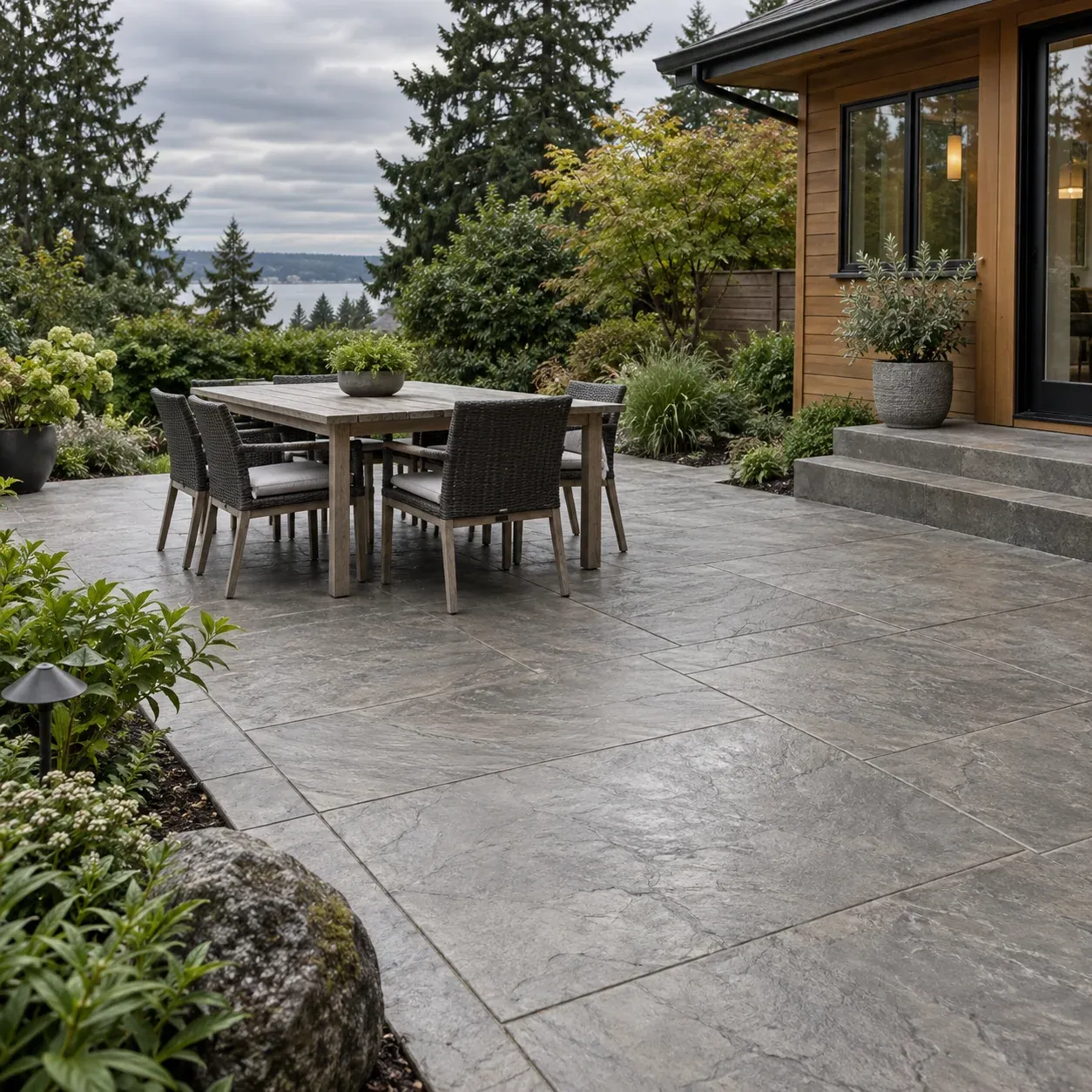 Concept photo of a subtly patterned stamped concrete backyard patio