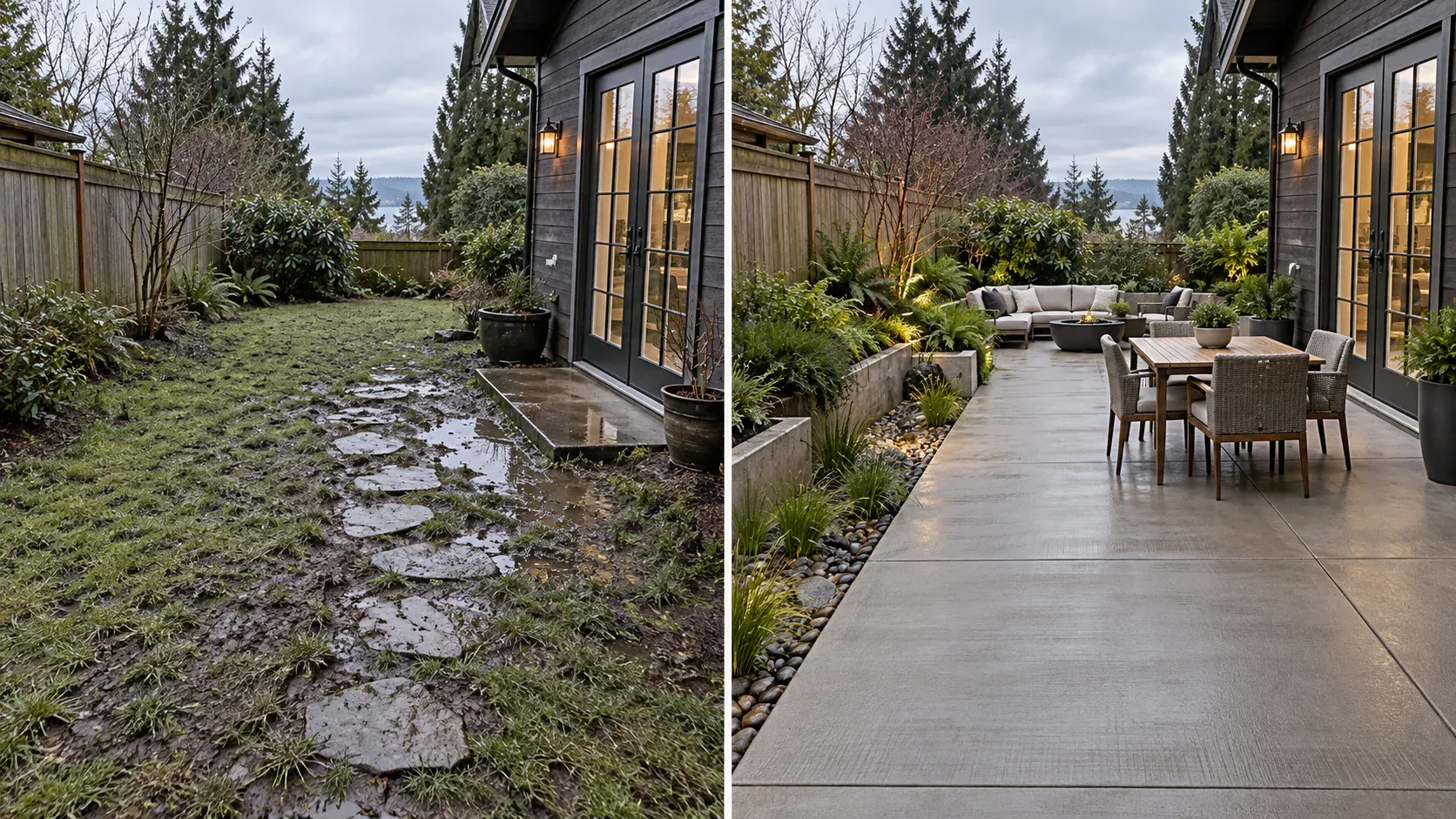 Illustrative before-and-after view of a muddy backyard changed into a concrete patio