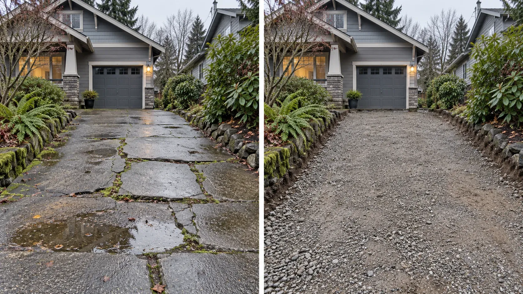 Illustrative before-and-after view of a cracked concrete driveway and the cleared aggregate footprint after removal