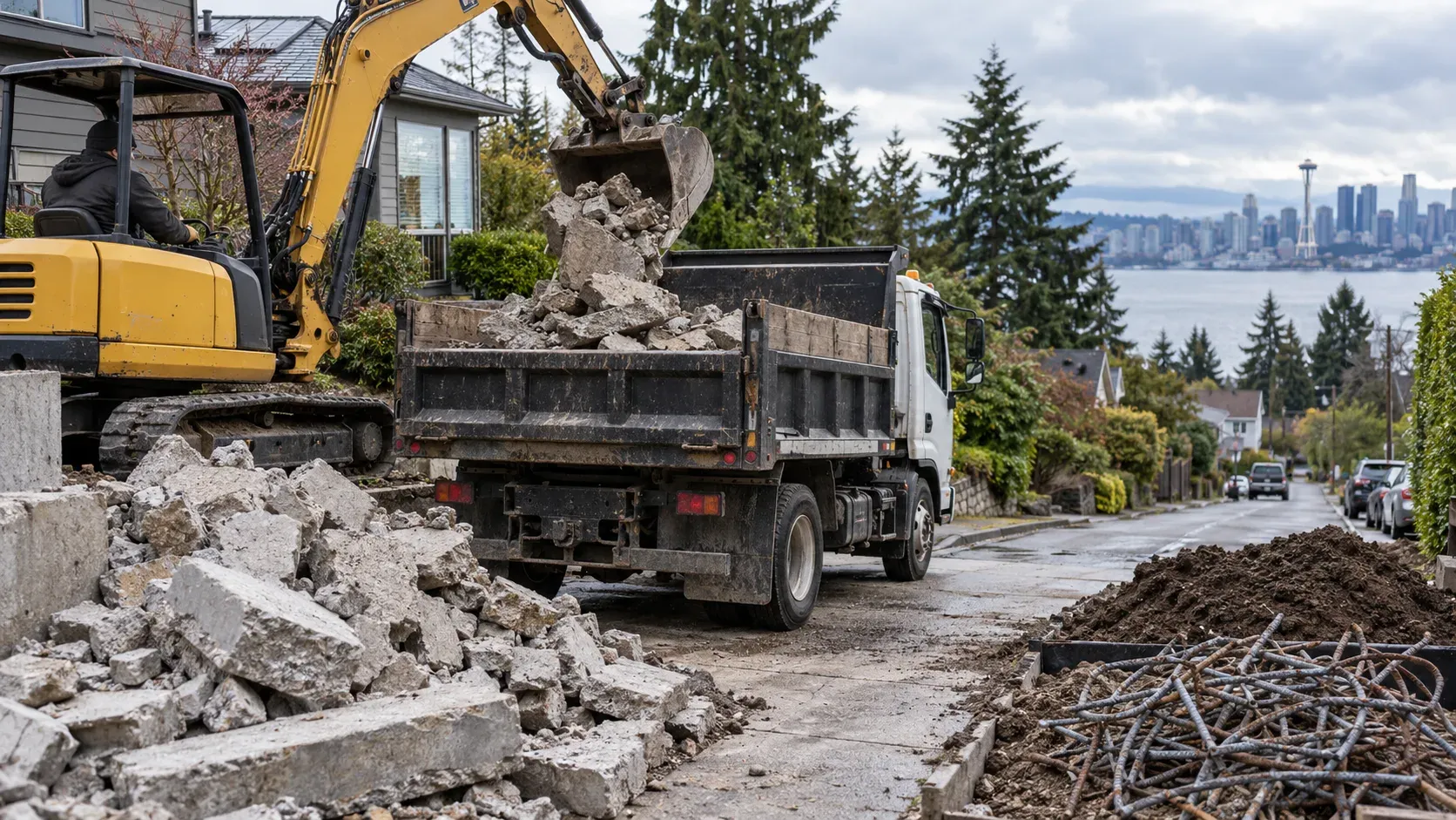 Broken concrete being loaded into a dump truck for haul-off