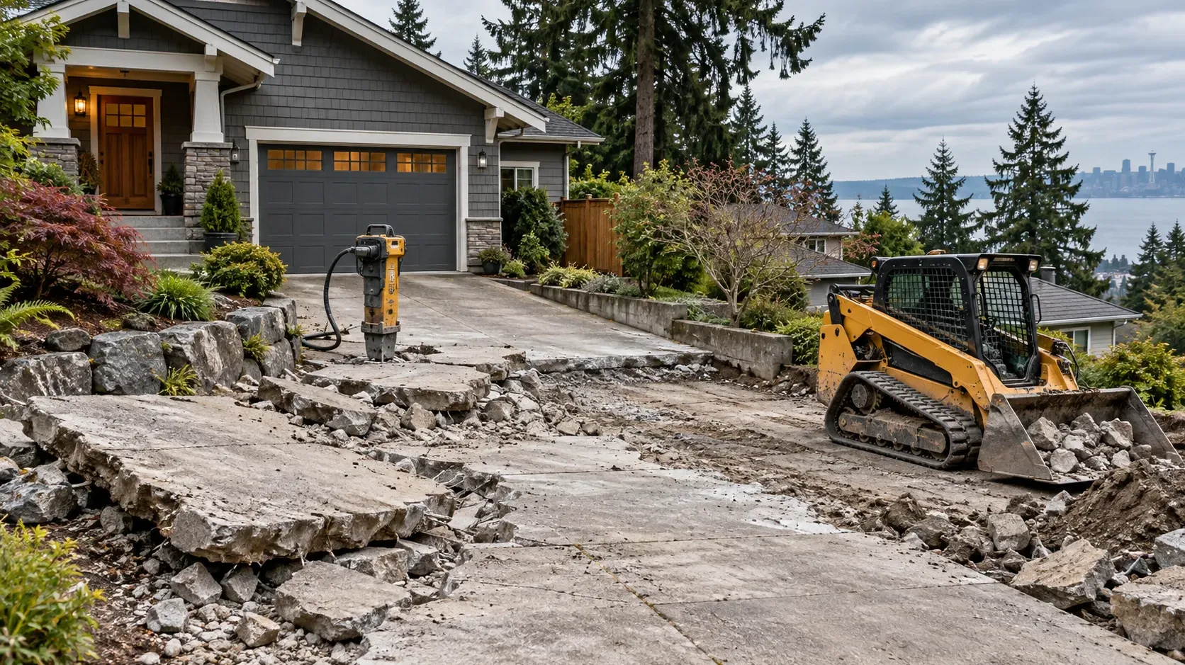 Cracked concrete driveway being broken out beside a Seattle home