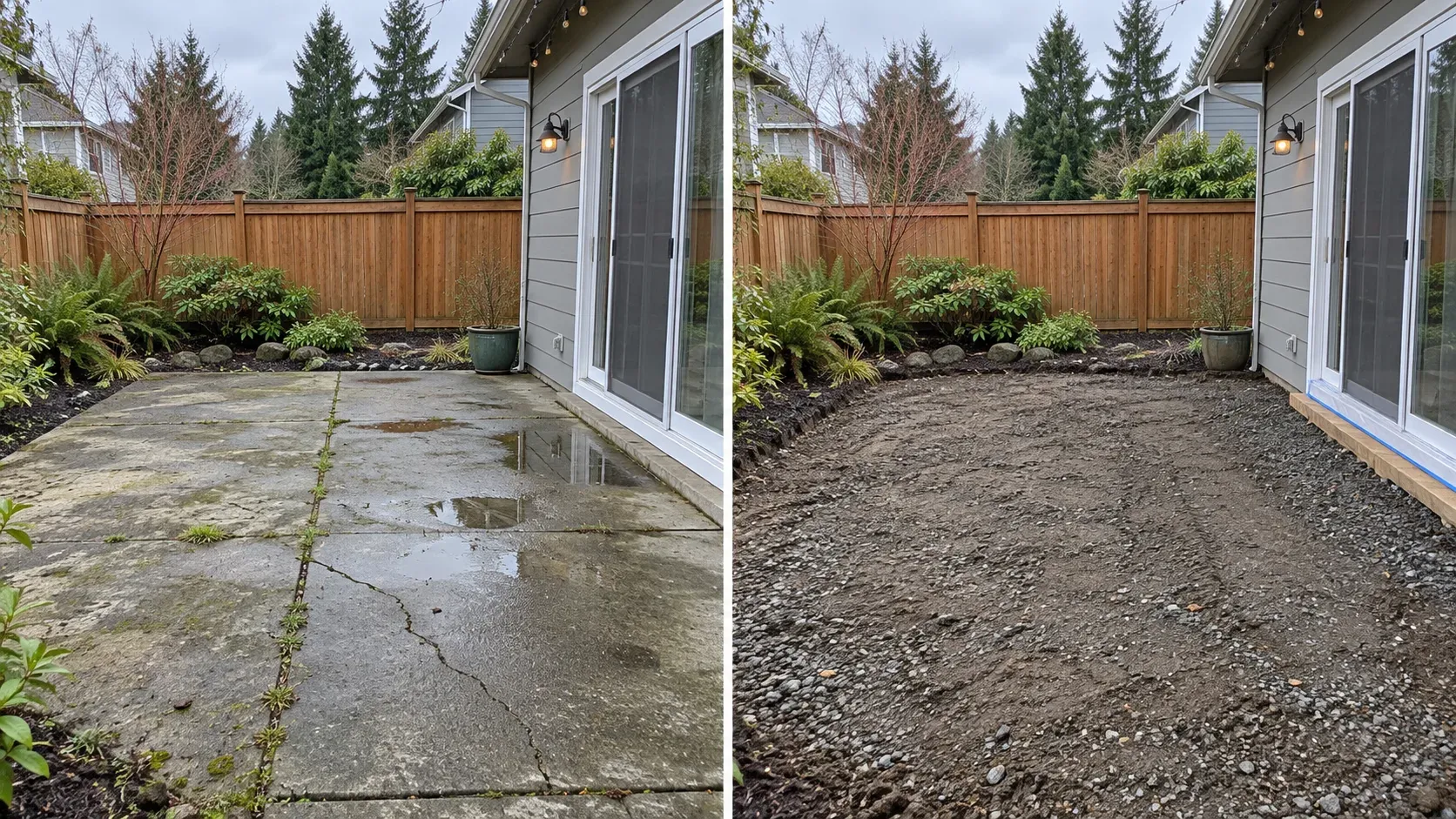 Illustrative before-and-after view of a worn backyard concrete patio and the cleared ground after removal
