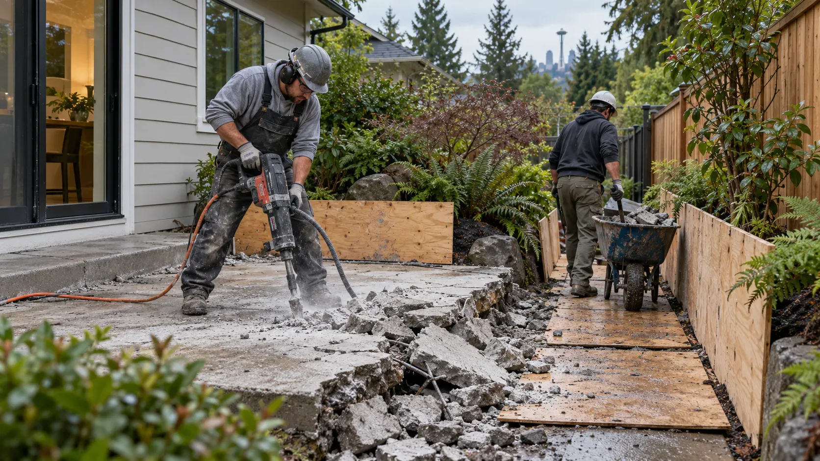 Concrete crew breaking an old backyard patio and moving pieces through a side yard