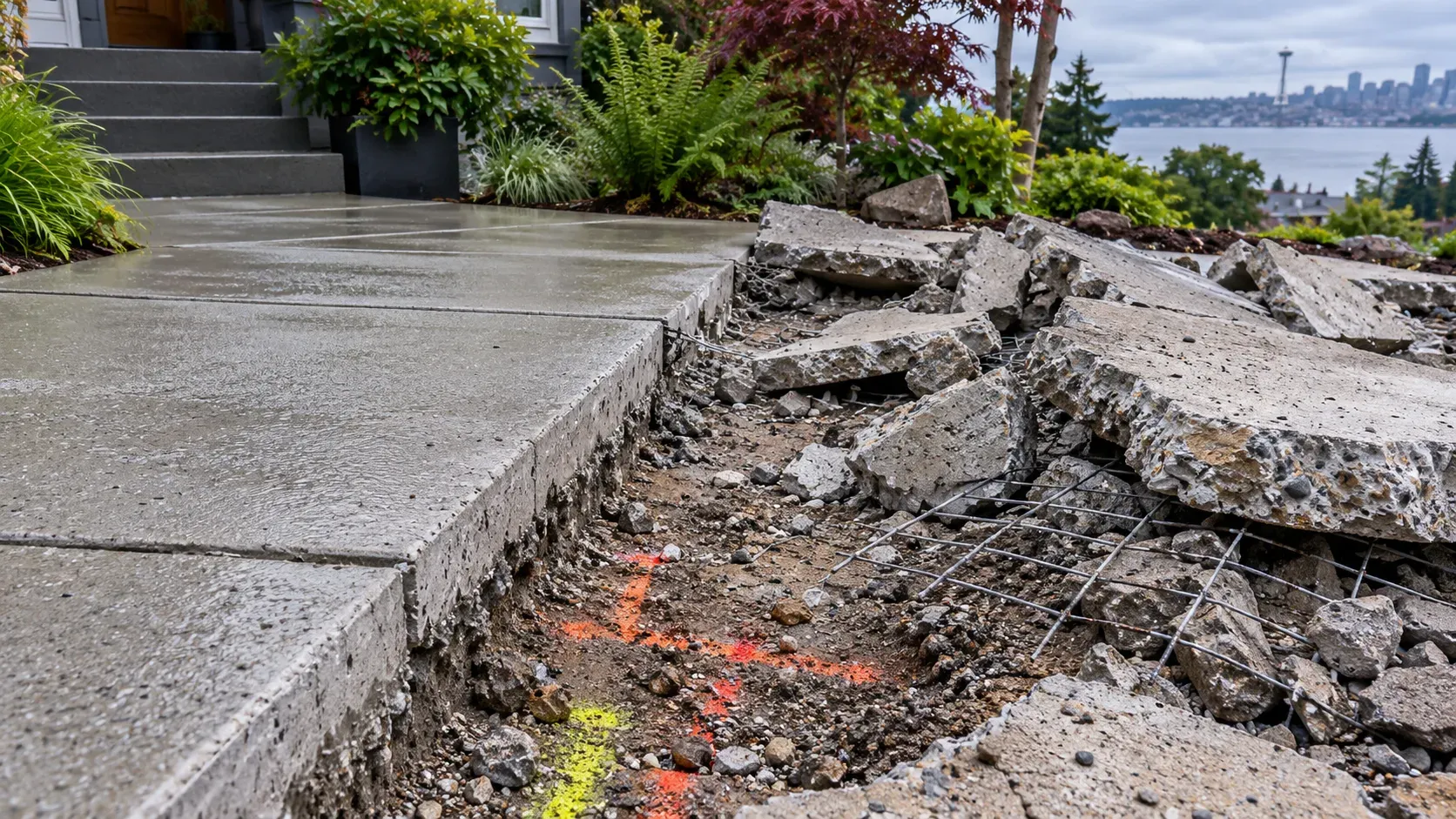 Sawcut edge beside broken reinforced concrete near a residential walkway